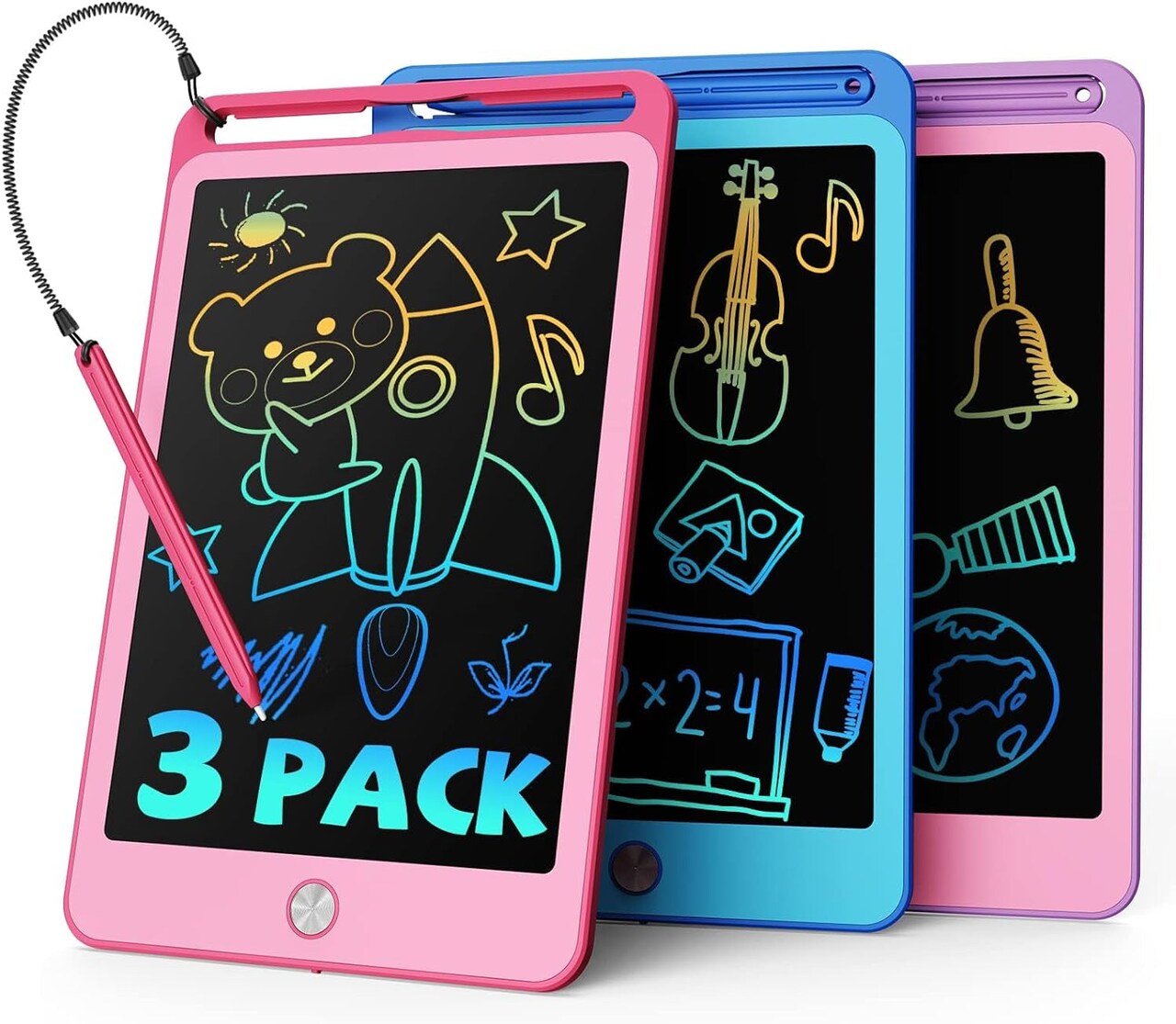 LCD Writing Tablet for Kids, 8.5 Inch Blue+Pink+Purple Doodle Board Drawing Board Reusable Drawing Tablet with Lanyard, Educational Kids